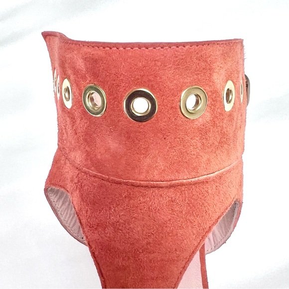 Stuart Weitzman Burnt Salmon Coral Suede Open Toe French Cuff Stiletto Heels - Picture 8 of 11